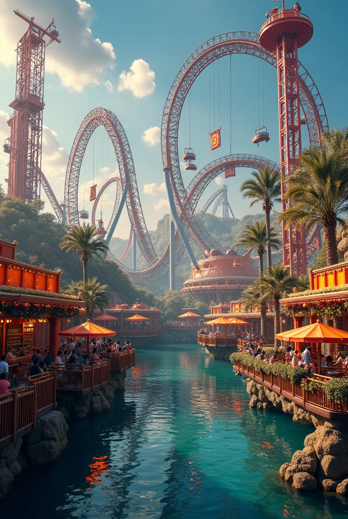 A thrilling amusement park designed as an ultimate escape from daily challenges, featuring extreme rides like a looping roller coaster that twists through fiery tunnels, a dizzying drop tower that takes riders to the sky before plunging them rapidly down, and an exhilarating bungee jump over a scenic lake. The park is adorned with vibrant lights and colorful decorations, bustling with excited visitors. There are food stalls offering a variety of delicious treats and a lively atmosphere filled with laughter and screams of joy. Everyone feels the rush of adrenaline, making it a place so unforgettable that every visitor will eagerly vote to return.