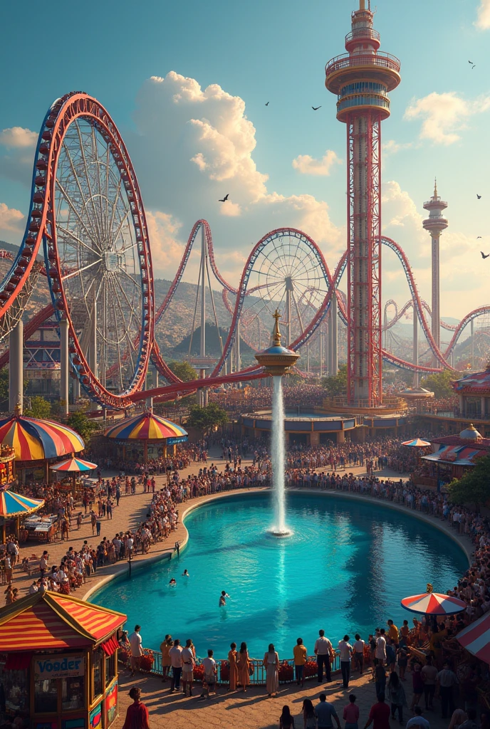 A thrilling amusement park designed as an ultimate escape from daily challenges, featuring extreme rides like a looping roller coaster that twists through fiery tunnels, a dizzying drop tower that takes riders to the sky before plunging them rapidly down, and an exhilarating bungee jump over a scenic lake. The park is adorned with vibrant lights and colorful decorations, bustling with excited visitors. There are food stalls offering a variety of delicious treats and a lively atmosphere filled with laughter and screams of joy. Everyone feels the rush of adrenaline, making it a place so unforgettable that every visitor will eagerly vote to return.