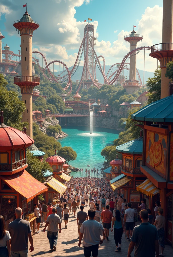 A thrilling amusement park designed as an ultimate escape from daily challenges, featuring extreme rides like a looping roller coaster that twists through fiery tunnels, a dizzying drop tower that takes riders to the sky before plunging them rapidly down, and an exhilarating bungee jump over a scenic lake. The park is adorned with vibrant lights and colorful decorations, bustling with excited visitors. There are food stalls offering a variety of delicious treats and a lively atmosphere filled with laughter and screams of joy. Everyone feels the rush of adrenaline, making it a place so unforgettable that every visitor will eagerly vote to return.