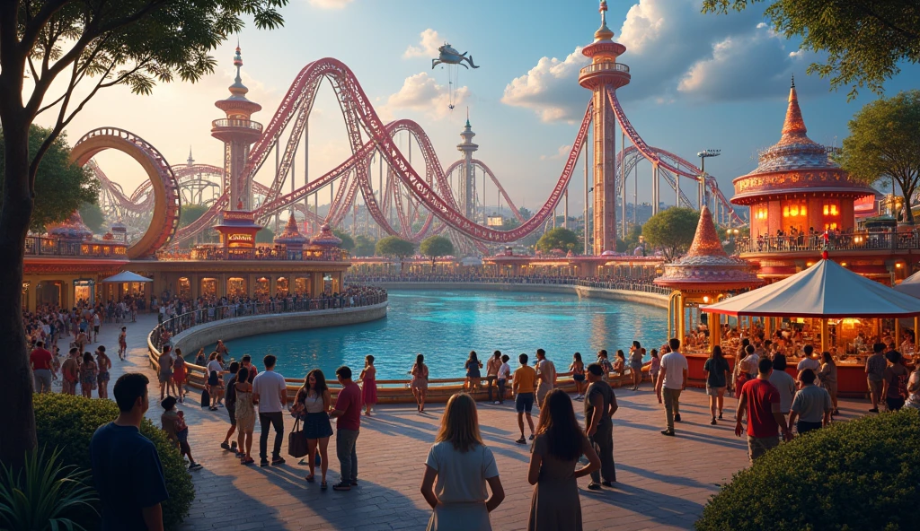 A thrilling amusement park designed as an ultimate escape from daily challenges, featuring extreme rides like a looping roller coaster that twists through fiery tunnels, a dizzying drop tower that takes riders to the sky before plunging them rapidly down, and an exhilarating bungee jump over a scenic lake. The park is adorned with vibrant lights and colorful decorations, bustling with excited visitors. There are food stalls offering a variety of delicious treats and a lively atmosphere filled with laughter and screams of joy. Everyone feels the rush of adrenaline, making it a place so unforgettable that every visitor will eagerly vote to return.