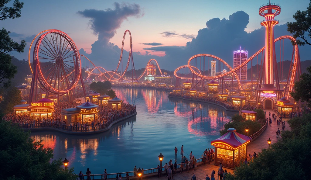 A thrilling amusement park designed as an ultimate escape from daily challenges, featuring extreme rides like a looping roller coaster that twists through fiery tunnels, a dizzying drop tower that takes riders to the sky before plunging them rapidly down, and an exhilarating bungee jump over a scenic lake. The park is adorned with vibrant lights and colorful decorations, bustling with excited visitors. There are food stalls offering a variety of delicious treats and a lively atmosphere filled with laughter and screams of joy. Everyone feels the rush of adrenaline, making it a place so unforgettable that every visitor will eagerly vote to return.