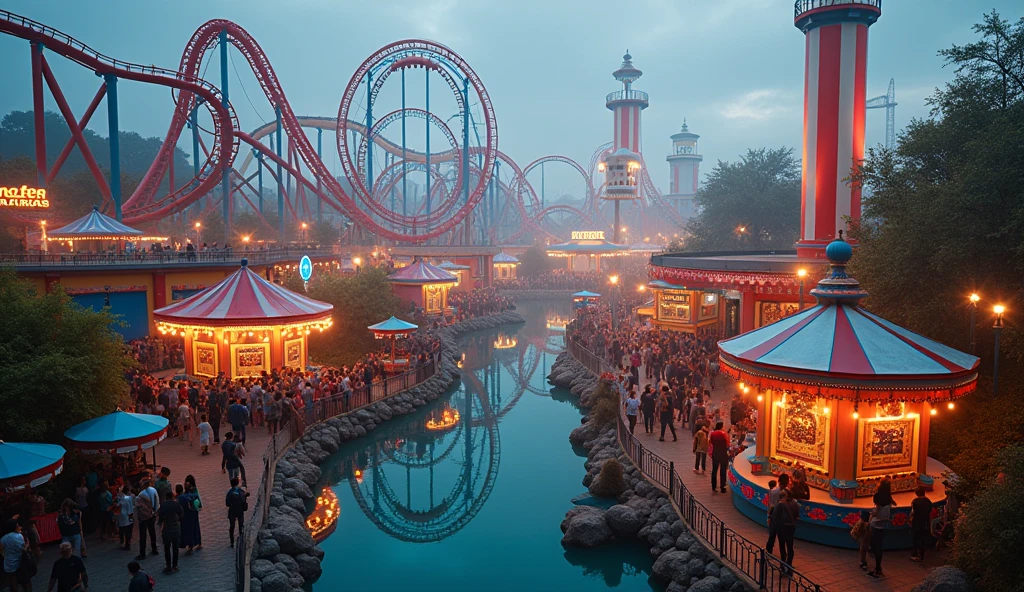 A thrilling amusement park designed as an ultimate escape from daily challenges, featuring extreme rides like a looping roller coaster that twists through fiery tunnels, a dizzying drop tower that takes riders to the sky before plunging them rapidly down, and an exhilarating bungee jump over a scenic lake. The park is adorned with vibrant lights and colorful decorations, bustling with excited visitors. There are food stalls offering a variety of delicious treats and a lively atmosphere filled with laughter and screams of joy. Everyone feels the rush of adrenaline, making it a place so unforgettable that every visitor will eagerly vote to return.