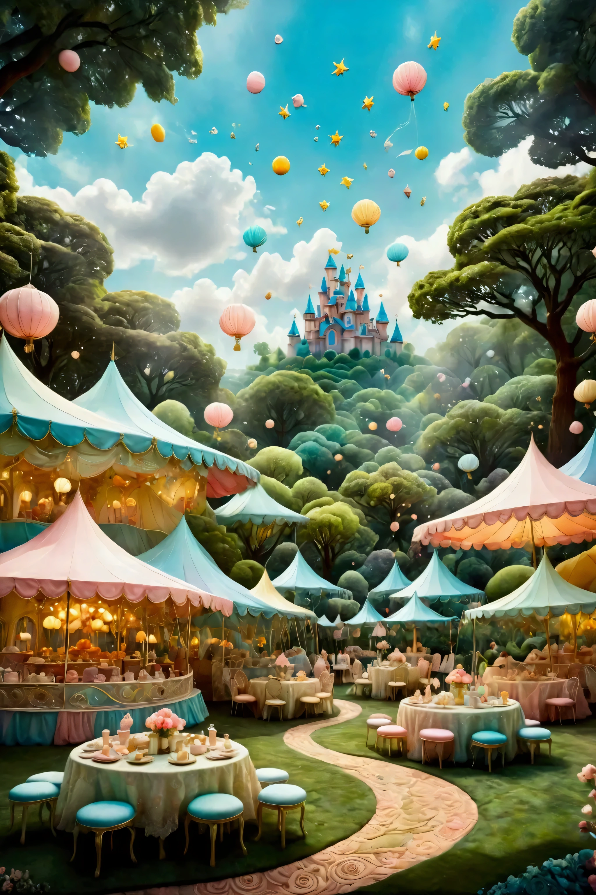 Create a charming storybook image of a princess-themed tea party set amidst a fairytale-inspired carnival. In the center of a lush garden setup with pastel-colored tents and whimsical banners, are a series of round tables draped with elegant laces and topped with delicate porcelain tea sets. ren, dressed as miniature royalty—with tiaras, capes, and fancy dresses—are seated, engaged in delightful conversations, pouring imaginary tea, and indulging in pastel-colored macarons and cakes. In the background, there are gentle rides shaped like magical creatures, lush trees adorned with dreamy lanterns, and a soft melody from a distant music box fills the air, enhancing the enchanting atmosphere. The scene should radiate with a sense of gentle wonderment and friendly camaraderie, reminiscent of hood dreams and imaginations.