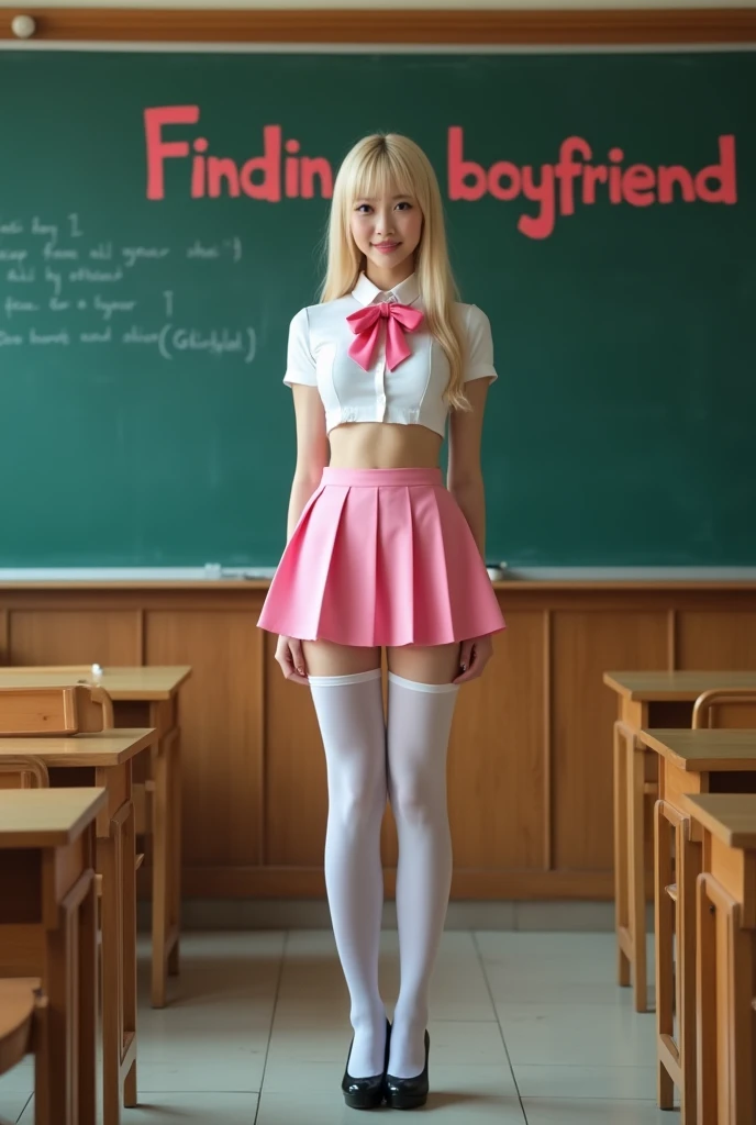Japanese girl, young, schoolgirl, short skirt, short white blouse, sexy thighs, (white stockings), perfect body (photorealistic: 1.4), long blonde hair, pink lips, blue eyes, school, classroom in the background, full body, slim body, girl body, ((pretty face)), curvy, sexy, petite, short age, little girl, children&#39;s panties, infant, child, lolita, 5th grade, sexy figure, pink skirt, underwear, 8 years old, showing panties, child, sexy smile, lust, very short skirt, really small little girl, 8 years old, sexy, hot, slutty and blonde, lifting up her skirt, sexy face