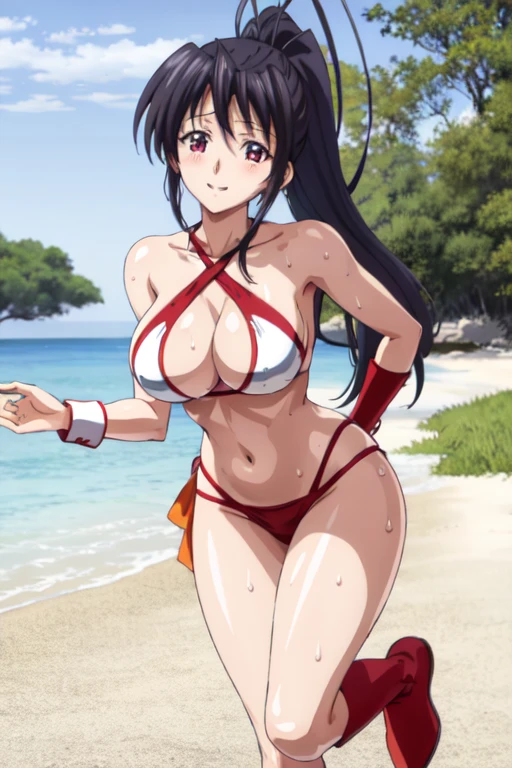 masterpiece, best quality, beautiful art, high resolution, well formed hands, body and fingers, 1 woman, solo, Akeno Himejima, wearing a Tyris Flare bikini clad,  long hair , full body picture,  grown up, adult, large and big breasted, cleavage, hair ornament, , white_bikini, tyris_flare_bikini, full body picture, sexy and skimpy bikini, gorgeous hips, sexy and bare legs and thighs, bouncing breasts, red boots,dancing seductively and erotically, turning backwards and forwards, showing her back and front, shaking her body alluringly, red t back thong, smiling joyfully, sweating ,looking at the viewer, bouncing breasts, sweating, flirting, biting her lips, beach environment dancing seductively and erotically, twirling around, , shaking her body alluringly, smiling joyfully, looking at the viewer, sweating , flirting, beach environment  dancing seductively and erotically, twirling around, t back thong, bikini thong, shaking her body alluringly, smiling joyfully, looking at the viewer, sweating , flirting, beach environment 