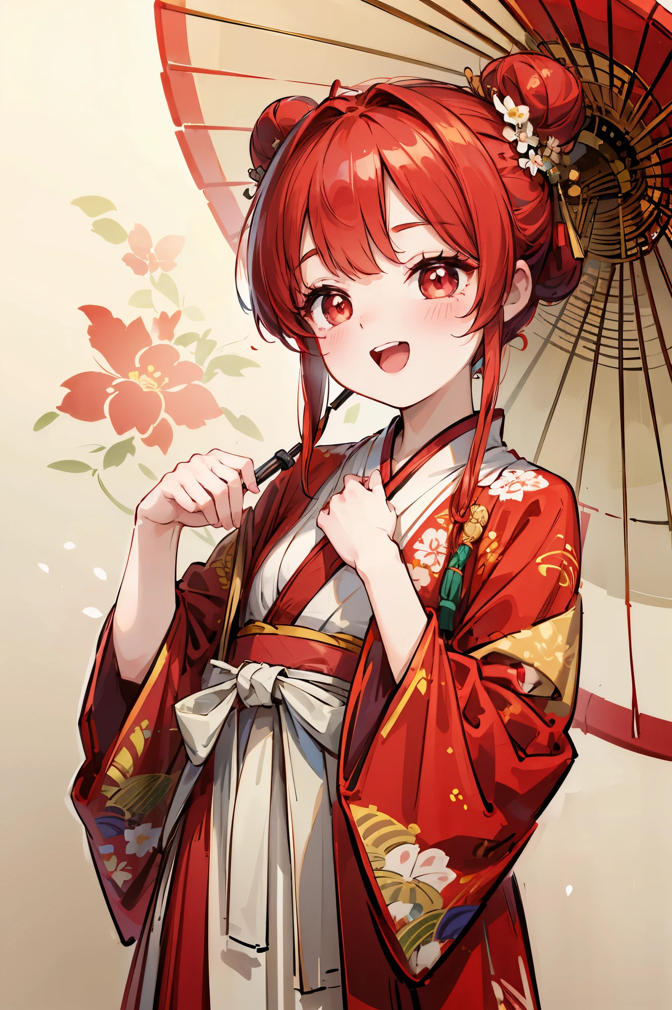 ((masterpiece)), accurate, textured skin, ((super detail)), high quality, high details, highres, best quality, Traditional Chinese clothing, Hanfu, floral costume, hairpin, red hair, hair bun, bright pupils, happy, laughing, Untied kimono, open chest