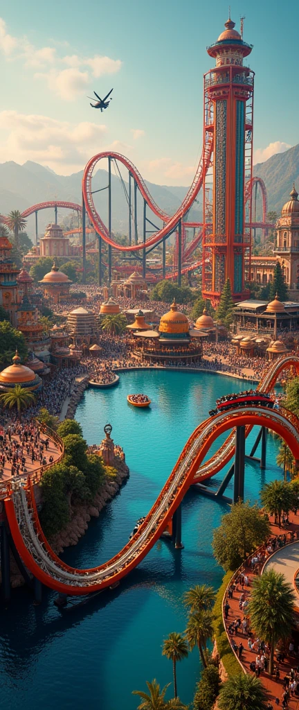 A thrilling amusement park designed as an ultimate escape from daily challenges, featuring extreme rides like a looping roller coaster that twists through fiery tunnels, a dizzying drop tower that takes riders to the sky before plunging them rapidly down, and an exhilarating bungee jump over a scenic lake. The park is adorned with vibrant lights and colorful decorations, bustling with excited visitors. There are food stalls offering a variety of delicious treats and a lively atmosphere filled with laughter and screams of joy. Everyone feels the rush of adrenaline, making it a place so unforgettable that every visitor will eagerly vote to return.