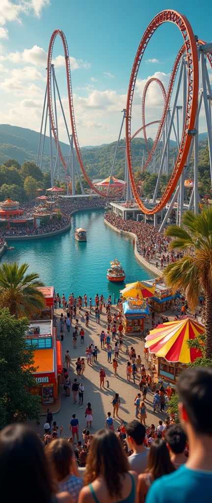 A thrilling amusement park designed as an ultimate escape from daily challenges, featuring extreme rides like a looping roller coaster that twists through fiery tunnels, a dizzying drop tower that takes riders to the sky before plunging them rapidly down, and an exhilarating bungee jump over a scenic lake. The park is adorned with vibrant lights and colorful decorations, bustling with excited visitors. There are food stalls offering a variety of delicious treats and a lively atmosphere filled with laughter and screams of joy. Everyone feels the rush of adrenaline, making it a place so unforgettable that every visitor will eagerly vote to return.