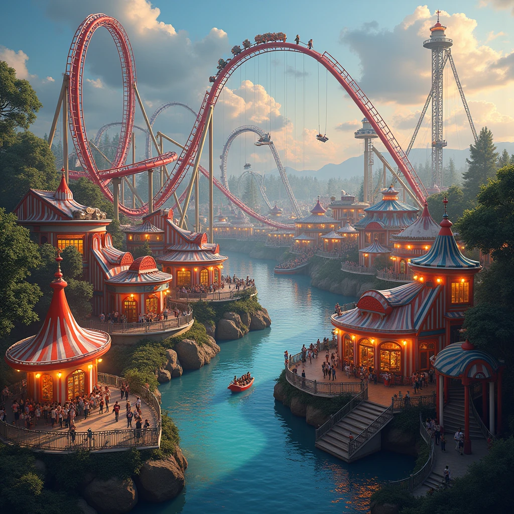 A thrilling amusement park designed as an ultimate escape from daily challenges, featuring extreme rides like a looping roller coaster that twists through fiery tunnels, a dizzying drop tower that takes riders to the sky before plunging them rapidly down, and an exhilarating bungee jump over a scenic lake. The park is adorned with vibrant lights and colorful decorations, bustling with excited visitors. There are food stalls offering a variety of delicious treats and a lively atmosphere filled with laughter and screams of joy. Everyone feels the rush of adrenaline, making it a place so unforgettable that every visitor will eagerly vote to return.