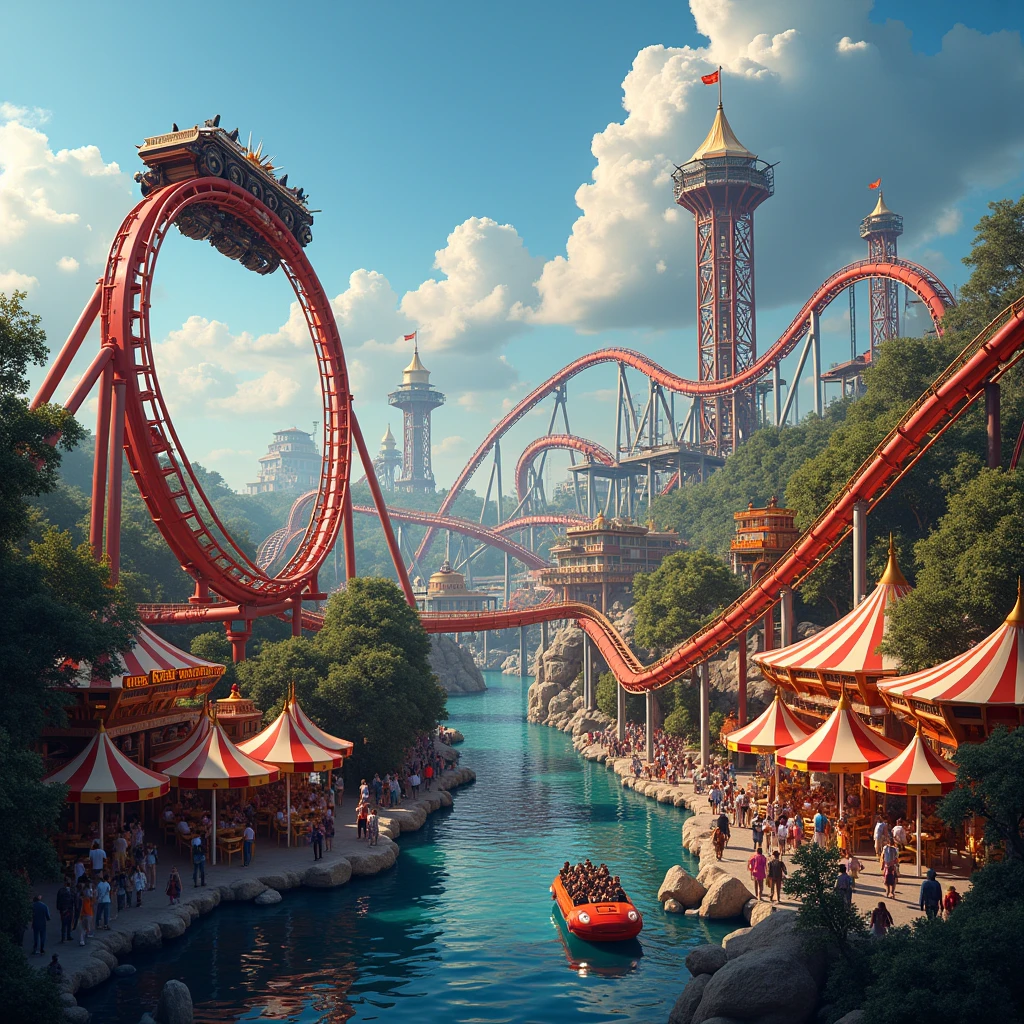 A thrilling amusement park designed as an ultimate escape from daily challenges, featuring extreme rides like a looping roller coaster that twists through fiery tunnels, a dizzying drop tower that takes riders to the sky before plunging them rapidly down, and an exhilarating bungee jump over a scenic lake. The park is adorned with vibrant lights and colorful decorations, bustling with excited visitors. There are food stalls offering a variety of delicious treats and a lively atmosphere filled with laughter and screams of joy. Everyone feels the rush of adrenaline, making it a place so unforgettable that every visitor will eagerly vote to return.