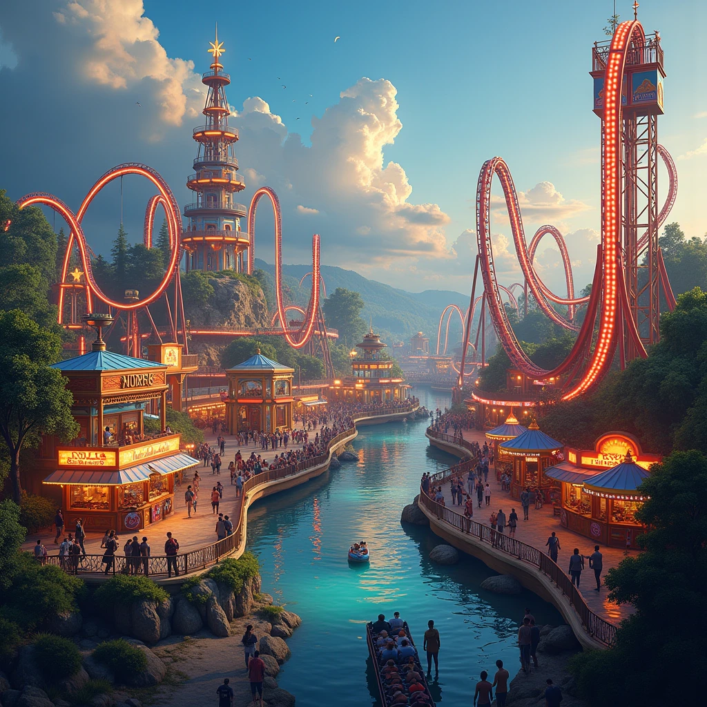 A thrilling amusement park designed as an ultimate escape from daily challenges, featuring extreme rides like a looping roller coaster that twists through fiery tunnels, a dizzying drop tower that takes riders to the sky before plunging them rapidly down, and an exhilarating bungee jump over a scenic lake. The park is adorned with vibrant lights and colorful decorations, bustling with excited visitors. There are food stalls offering a variety of delicious treats and a lively atmosphere filled with laughter and screams of joy. Everyone feels the rush of adrenaline, making it a place so unforgettable that every visitor will eagerly vote to return.