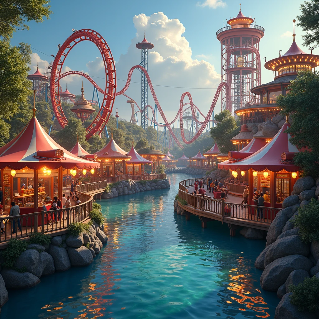 A thrilling amusement park designed as an ultimate escape from daily challenges, featuring extreme rides like a looping roller coaster that twists through fiery tunnels, a dizzying drop tower that takes riders to the sky before plunging them rapidly down, and an exhilarating bungee jump over a scenic lake. The park is adorned with vibrant lights and colorful decorations, bustling with excited visitors. There are food stalls offering a variety of delicious treats and a lively atmosphere filled with laughter and screams of joy. Everyone feels the rush of adrenaline, making it a place so unforgettable that every visitor will eagerly vote to return.