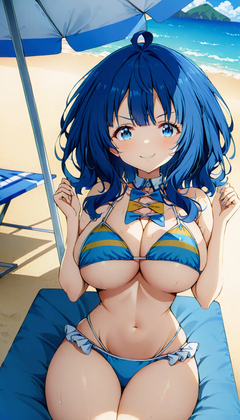 Score_9, Score_8_up, Score_7_up, source_anime, annayanami, annayanami, medium hair, blue eyes, ahoge, blue hair, large breasts, triangle bikini, frilled bikini, tight bikini, emphasis cleavage, put breasts between elbows, hands up, under boobs, high neck halter, smirk, beach, beach parasol, sitting, from front, look at viewer, solo