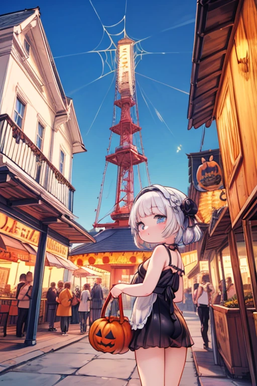  cute girl ，  anime girl  , Big Viewing of Amusement Parks，ornate carousel， Bustling People ， Halloween Costumes ，Ocean Views ， High resolution, autumn、autumn leaves，，detailed, 32K，Lighthouse，Super giant robot，