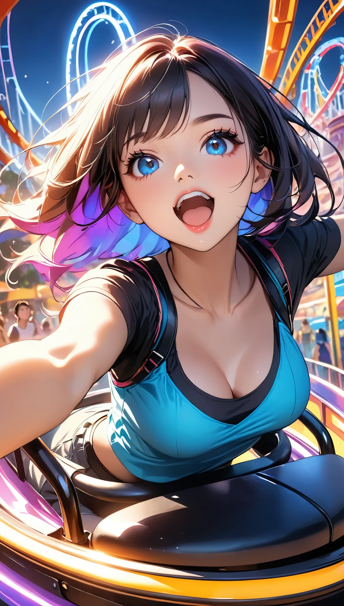  girl riding a roller coaster, (fun, With pleasure, Scream), Open your mouth, Arms raised pose, (Detailed face and body, Beautiful detailed eyes, Beautiful detailed lips,  highly detailed eyes and face , Long eyelashes),  Cinematic Lighting ,  dynamic motion blur , detailed coaster , thrillingなレール_Layout, Metal texture, amusement park, thrilling, ( Best Quality, 4K, 8k, High resolution, masterpiece:1.2), Vibrant colors,  digital painting .