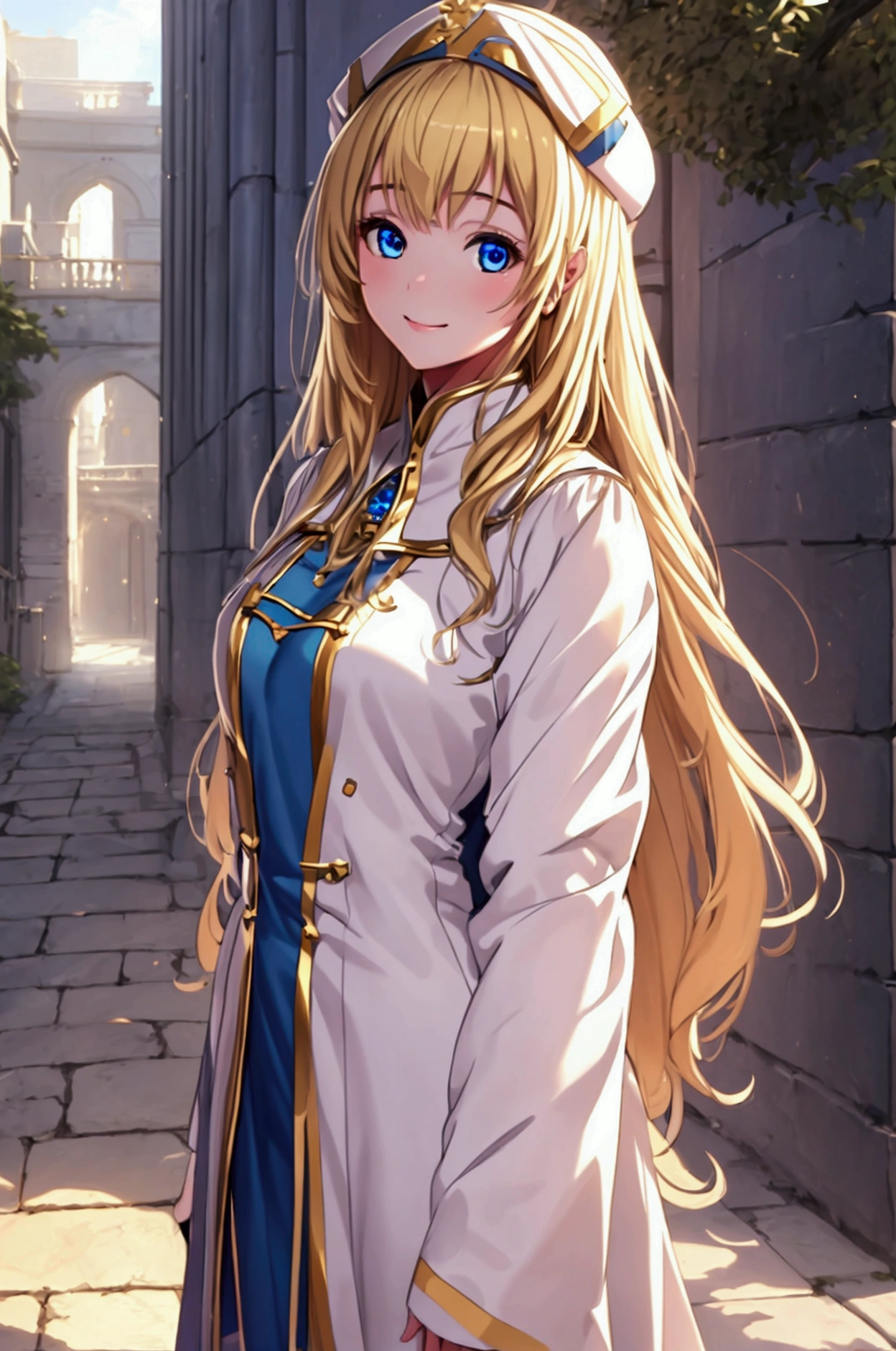 Best Quality, masterpiece,  1 girl , (Alone:1.1),  ray tracing, Super detailed,Detailed face, 8K wallpaper, Wide Hips, smile, Priestess NDV ,  1 girl , Blonde, blue eyes, medium breasts, Long Hair, White Dress,  white headwear, Thigh length, Have, Outdoor,  Holding Staff 