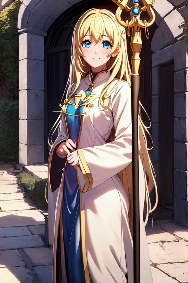 Best Quality, masterpiece,  1 girl , (Alone:1.1),  ray tracing, Super detailed,Detailed face, 8K wallpaper, Wide Hips, smile, Priestess NDV ,  1 girl , Blonde, blue eyes, medium breasts, Long Hair, White Dress,  white headwear, Thigh length, Have, Outdoor,  Holding Staff 