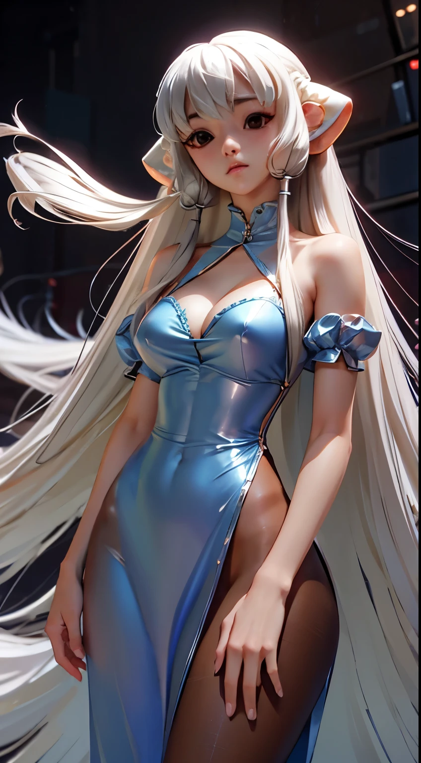 22 year old white female、Hair color is platinum blonde、blue eyes、Longhaire、Straight hair、accessories on wrist、I&#39;m wearing a choker、skin is smooth、a smile、Slender but muscular body、I'm pounding my chest、a smile、wearing a skater dress