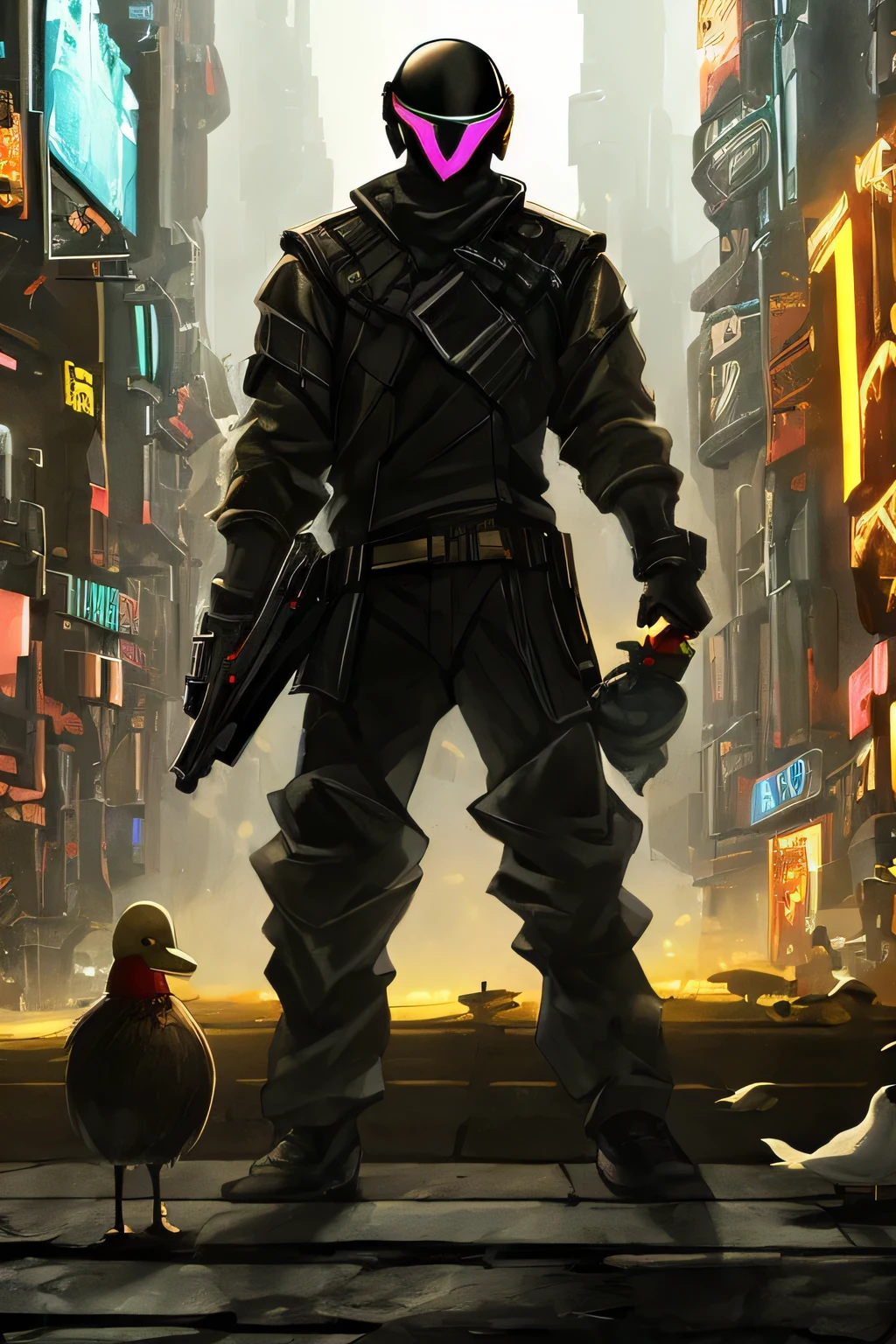 Character, wearing black cloak,  pointed helmet ,  faceless helmet , dark helmet ,  holding a duck in his hand, cyberpunk style.