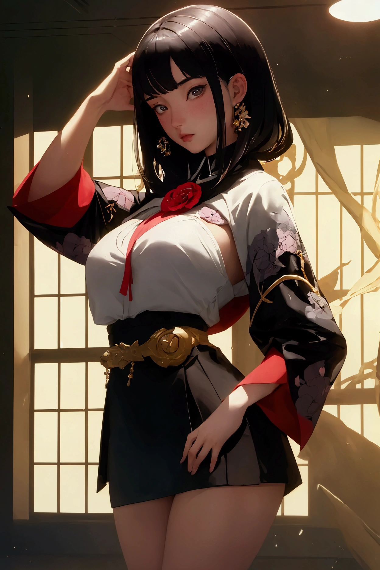 1female，35yo，plumw，extremely large bosom，Big breasts Thin waist，Long legs， 独奏，（Background with：Cherry blossom forest，lotus flower，Swimming pool），legs are open，Bare genitalia，Bare ， She has short black hair，Stand on a huge lotus leaf，seen from the front， single hair bun， mostly cloudy sky，（（（tmasterpiece），（Very detailed CG unity 8K wallpaper），best qualtiy，cinmatic lighting，detailed back ground，beatiful detailed eyeright pupillack eyes，Snow-whiteskin，Redlip（Very fine and beautiful），（Beautiful and detailed eye description），ultra - detailed，tmasterpiece，））facing at camera，A high resolution，ultra - detailed），revealing breastare genitalia，  Bulge，legs are open，Raised sexy，Camel toelushed complexion，Desire for dissatisfaction，frontage，，White transparent swimsuit，Black tights，
