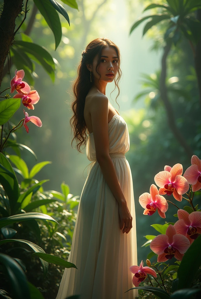 Breathtaking 8K, Masterpiece, Beautiful woman,  (full nude), full body esbian, ((In an ancient forest)),((Pangu Big Tree)), ((Flowers and plants)),