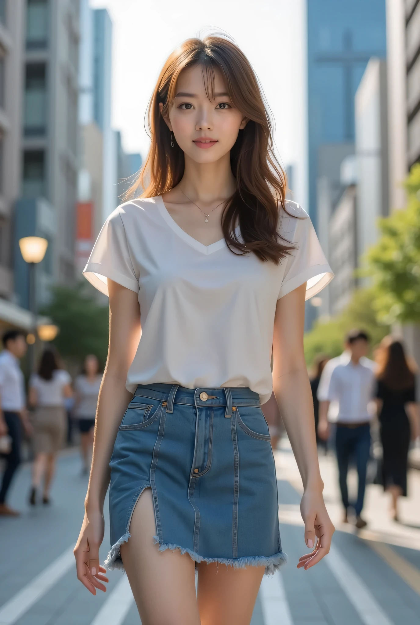 Best Quality, Realistic, Super detailed, finely, High resolution, 8K wallpaper, 1 beautiful Japanese woman,, Light brown messy hair,Wear a side slit mini skirt、 Detailed and beautiful eyes, Thin Hair, Beautiful legs、talk、Looking at the camera、Walking through the office district