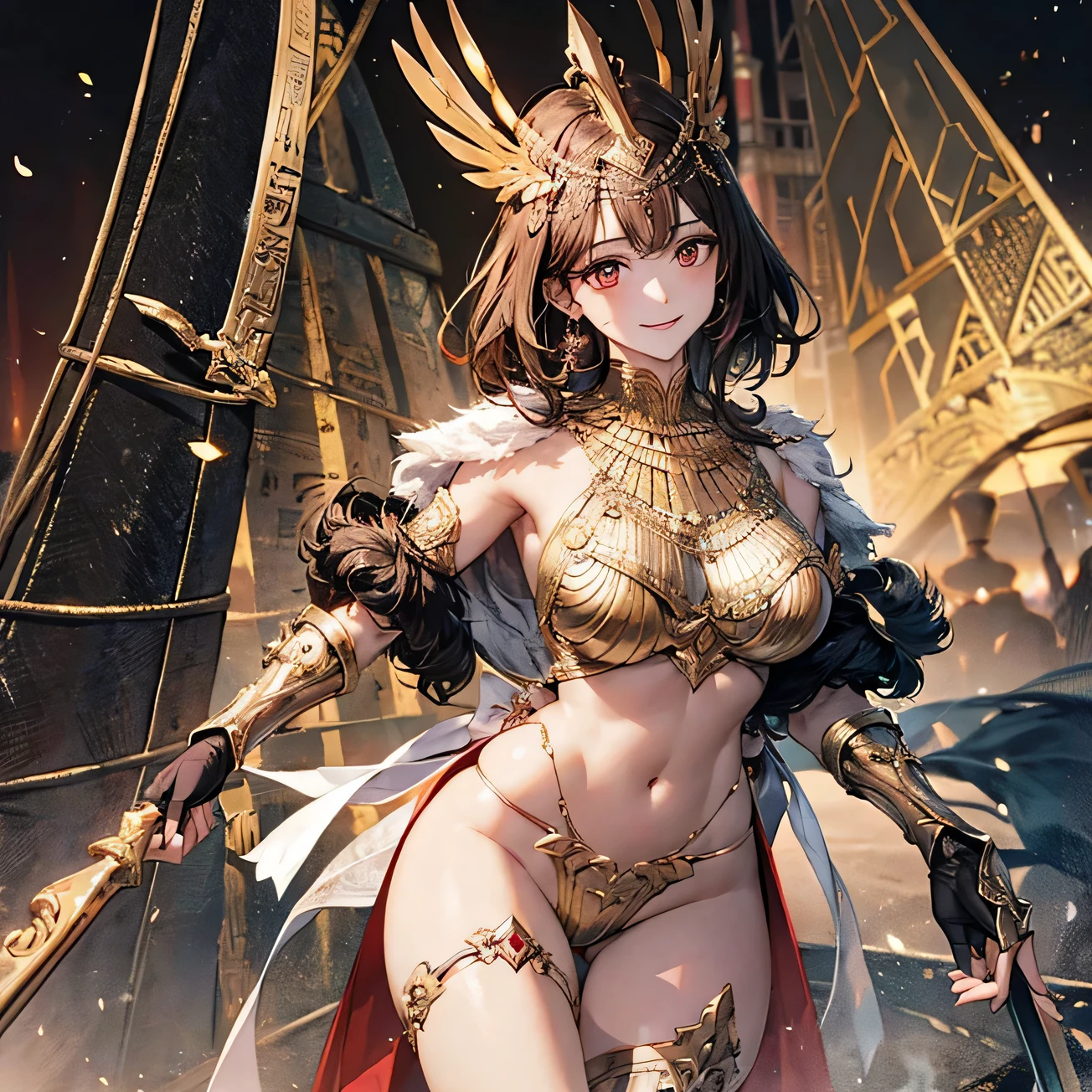 ((Highest quality)),(Ultra-high resolution),(Super detailed),(Detailed Description),((The best CG)),(masterpiece),Highly detailed art,(Fantasy art with intricate detail:1.5), Bright red sun:1.4, Shining Steel:1.4, Howling Wind:1.3, roar:1.4, Rough seas:1.6, anger:1.3, Shining Eyes:1.2, Wave swell:1.3, (Female savior:1.7)