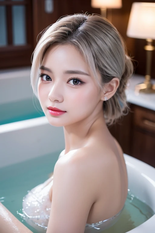 730717681 only 1 female, solo, blonde、Shining beautiful skin、big breasts、Outstanding style,Bubble-filled bathtub, foam, Bubbles covering the chest, Best quality, ultra high res , The upper half of the body
