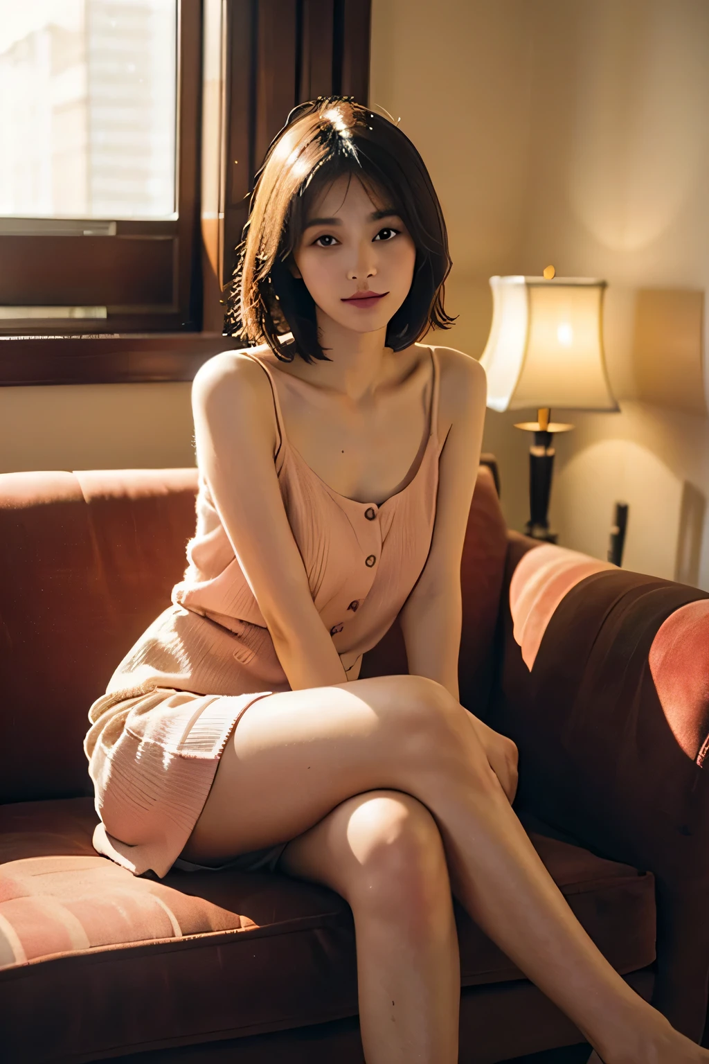 (High resolution、8k:1.3)、masterpiece、(Ultra-realistic as a photo:1.3)、Very nice finish、perfect anatomy, Sharp focus, 超High resolutionの顔、highest quality、The face is in focus、Ultra high definition and beautiful eyes、Eyes are symmetrical、High quality and beautiful skin、Firm Skin、Japanese Girls, Slender、very cute、、(A sheer dress、mini skirt), Natural Makeup, (blush:1.3), (Embarrassing:1.3)、Sitting、(View your viewers:1.3),short hair, messy hair