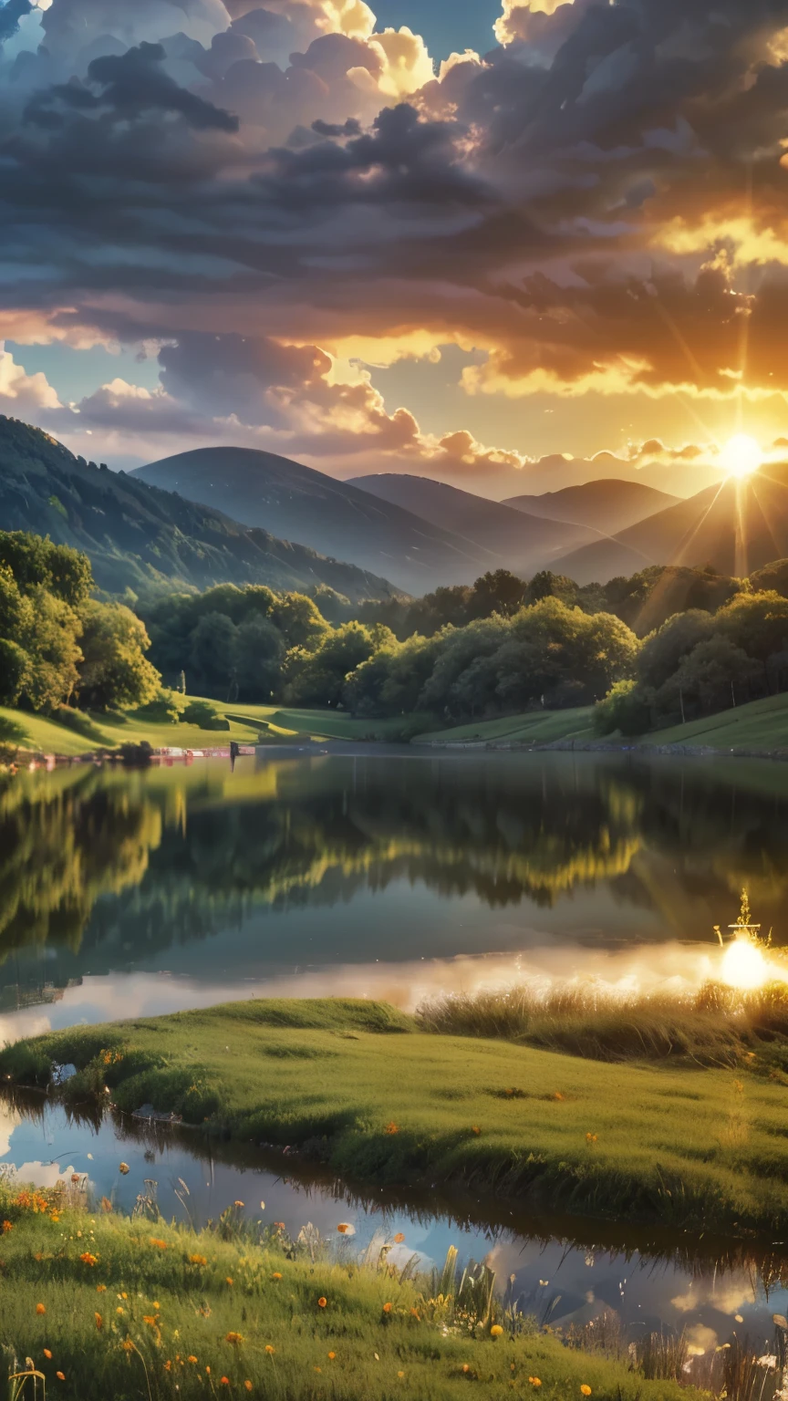 a serene landscape with rolling hills, a tranquil lake reflecting the sky, lush green forests, a picturesque village nestled in the distance, wispy clouds drifting overhead, warm golden sunlight filtering through the trees, detailed clouds, detailed foliage, (best quality,4k,8k,highres,masterpiece:1.2),ultra-detailed,(realistic,photorealistic,photo-realistic:1.37),landscape,cinematic lighting,vibrant colors,dramatic sky