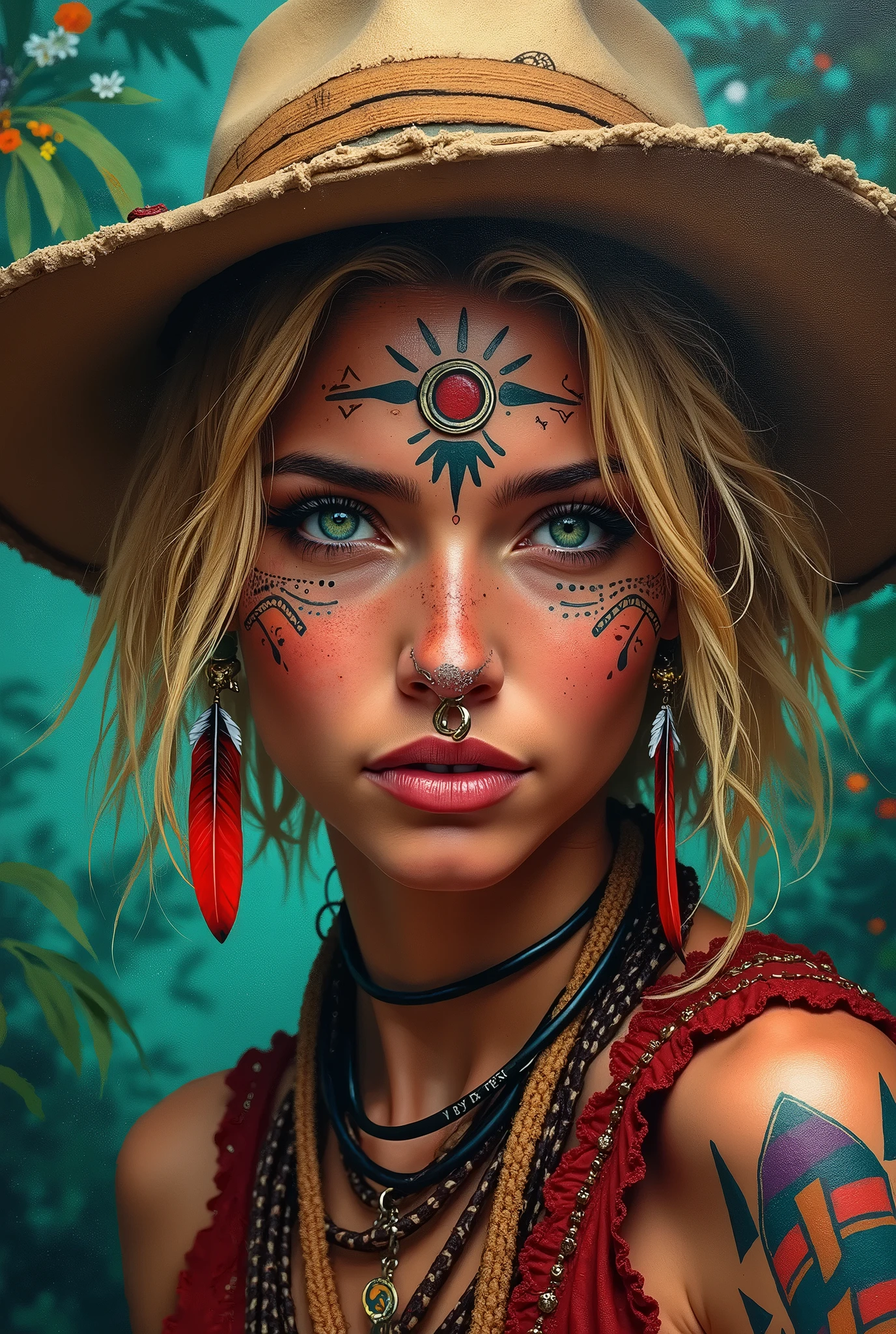 Portrait of a wild indigenous woman with a tattoo on her face and a bone going through her nose like a piercing, cheveux court avec des locks blonde portant un chapeau déchiré, plume au oreilles dans la jungle peinture coloré