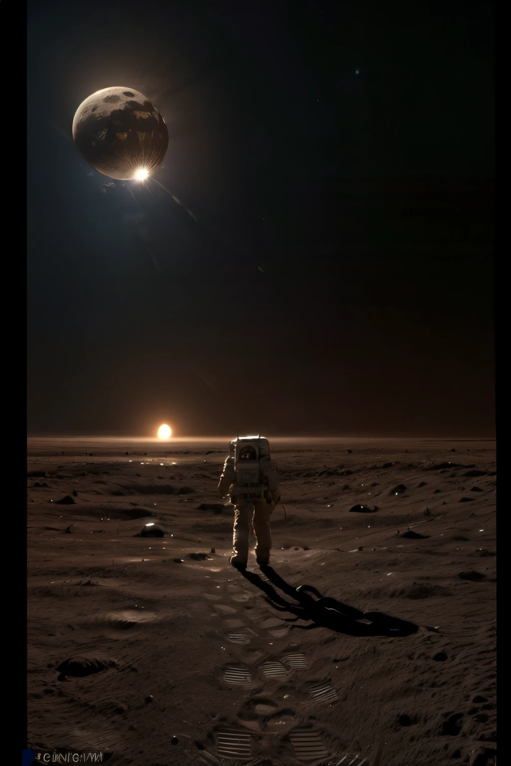 a lunar module landing on the surface of the moon, highly detailed 8k, photorealistic, cinematic lighting, dramatic, epic scale, realistic space shuttle, lunar rover, astronaut walking on the moon, American flag, craters, rocky terrain, Earth visible in the background, dramatic shadows, vivid colors