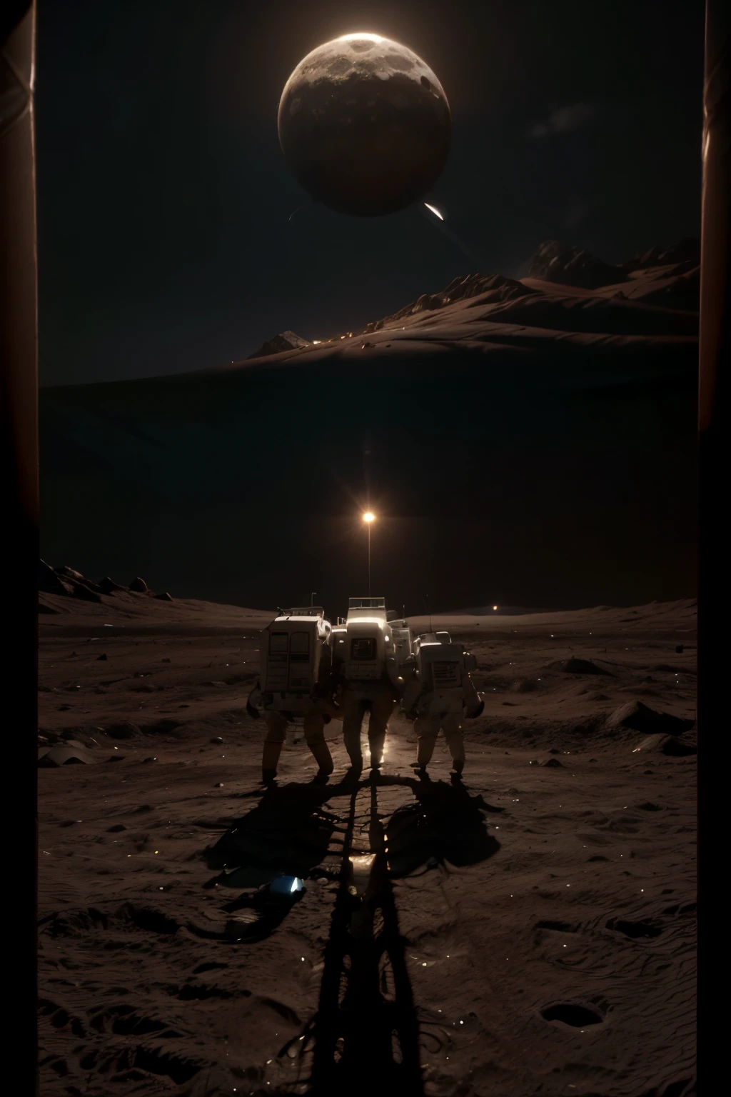 a lunar module landing on the surface of the moon, highly detailed 8k, photorealistic, cinematic lighting, dramatic, epic scale, realistic space shuttle, lunar rover, astronaut walking on the moon, American flag, craters, rocky terrain, Earth visible in the background, dramatic shadows, vivid colors