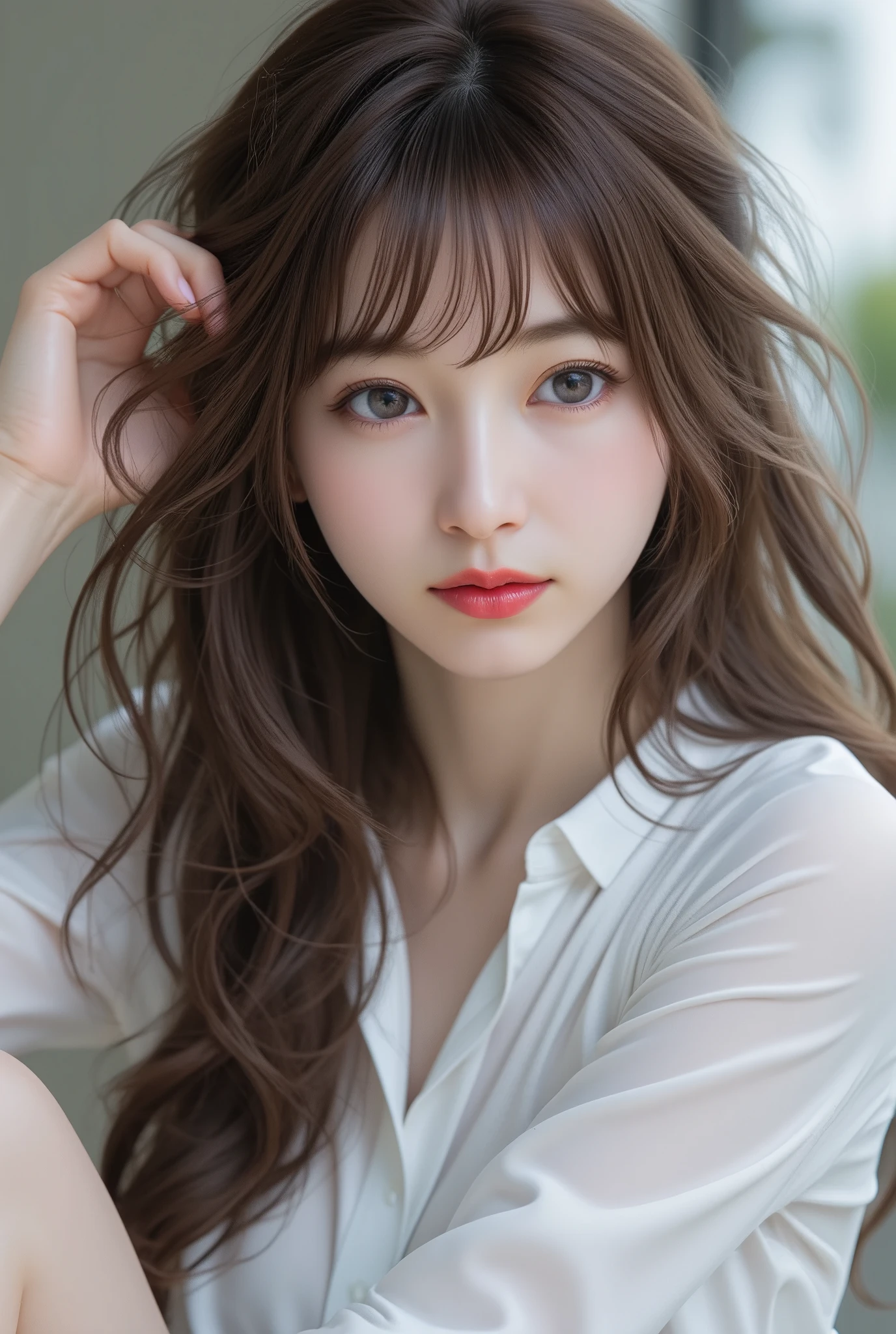 (best quality,highres,ultra-detailed),((portrait )),a  portrait of a slender east asian woman with long, wavy brown hair, wearing a white shirt. She is sitting down with one hand resting on her head, slightly tousling her hair, which partially falls across her face. Her expression is intense and contemplative, with piercing light blue eyes and bold red lipstick that stands out against her pale complexion. The background is blurred, hinting at an outdoor setting with soft, natural lighting. The overall mood of the image is moody and striking, with the woman's strong features and relaxed pose creating a captivating contrast