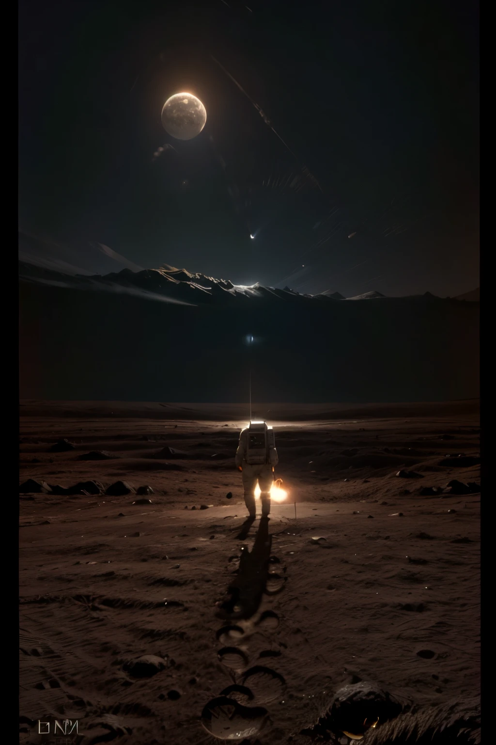 a lunar module landing on the surface of the moon, highly detailed 8k, photorealistic, cinematic lighting, dramatic, epic scale, realistic space shuttle, lunar rover, astronaut walking on the moon, American flag, craters, rocky terrain, Earth visible in the background, dramatic shadows, vivid colors