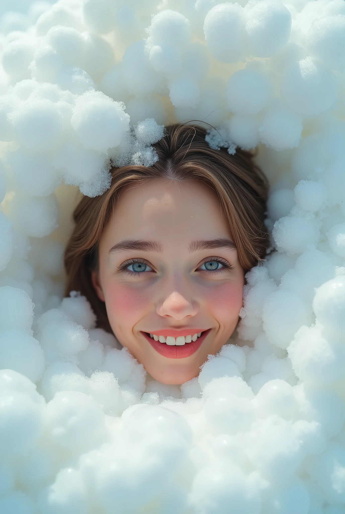 Hyperrealistic、Realistic、、Realistic photos、A woman emerging from the pure white foam、Russian girl、Fronde、Foamy hair、grin:0.1、(((Red cheeks and nose:0.1)))、Bubbles Background