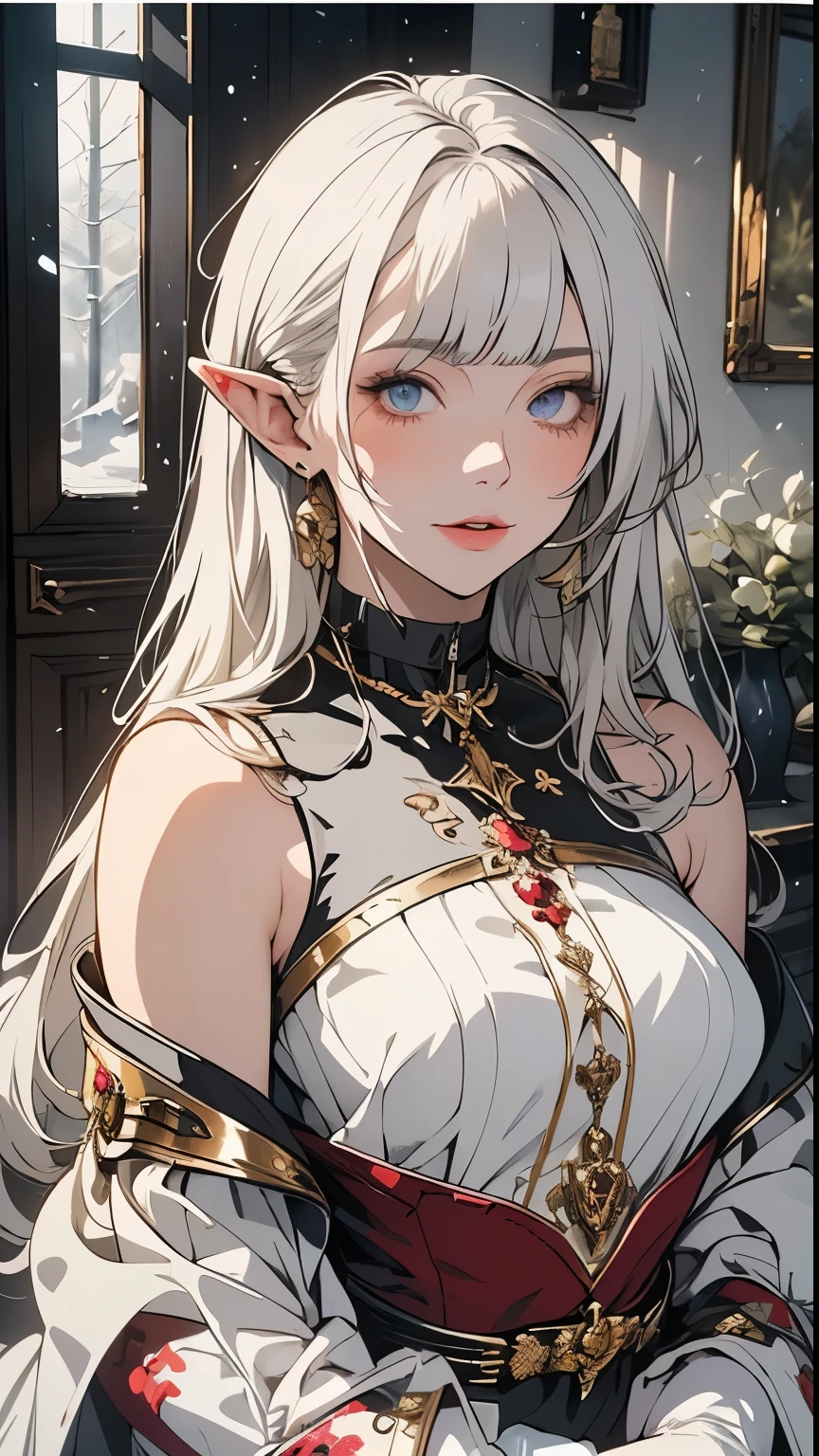 Best quality, highly detailed, masterpiece, ultra detailed, (reality: 1.2), 1 girl, (white background), simple background, delicate eyes, silver hair, purple eyes, hair_ornament, (white off-the-shoulder shirt: 1.3), long hair, pointy_ears, crown_braid, expressionless, straight hair, (++ sitting: 1.2), room,
