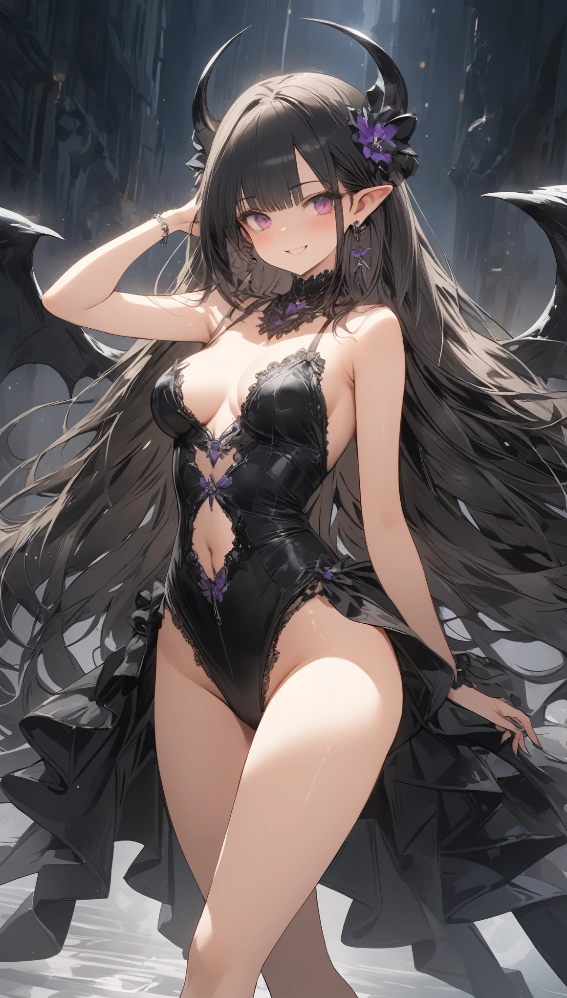 ((Masterpiece))，(Best Quality)，(Highest resolution)，(8K)，(Clean lines)，(Perfect Face，Perfect meat)，(Official Art), Cowboy Shot,（Magical girl）,villain,  Black Costume, Small breasts, Long Hair,  large black feathers, Night Sky, Wicked Smile