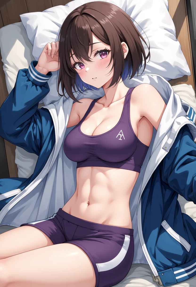 ((masterpiece)), ((best quality)), 1girl, sport bra, hoodie, siAn, short hair, brown hair, long sleeves, open clothes, open jacket, blue jacket, sleeping on bed, lying on the side, camera shoot down from the ceiling,