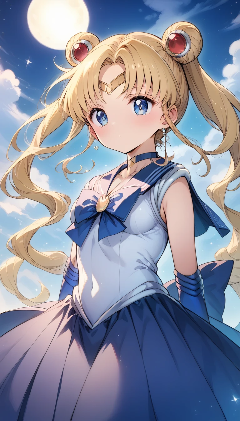 cute魅力的な少女、 (((Ultra-high resolution、Ultra high definition、Highest Settings、８k、)))、cute、Cosplay、Active、４k、((( Delicate and Precise Sailor Moon Outfit、)))、(CG Art)、Beautiful night sky、Very Beautiful Moon 、 Shiny Beautiful Blonde 、 twin tails、Focus、Beautiful blue eye detailed、Beautiful clean skin、