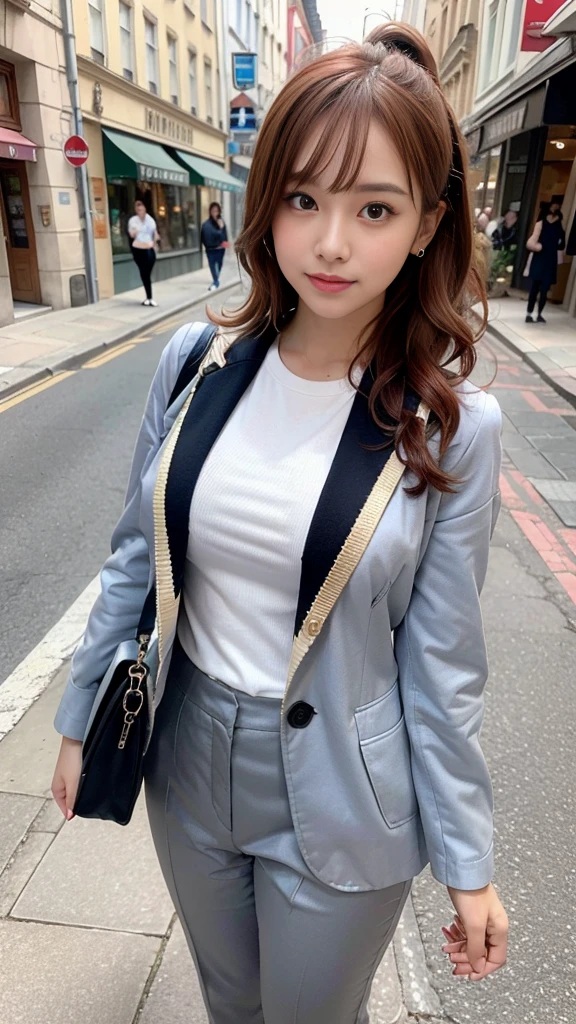 masterpiece, Ultra-high resolution, 4K, Best Quality, 1 person, (whole body), Beautiful and exquisite face, Beautiful, smooth skin,  skin texture, high school student, Sparkle in your eyes, Dynamic pose,  red mesh hair color, Curly Hair,  ponytail, Gal Makeup, hairpin, Masonry Streetscapes ,  European Streets,  Trench Coats , slacks, shirt