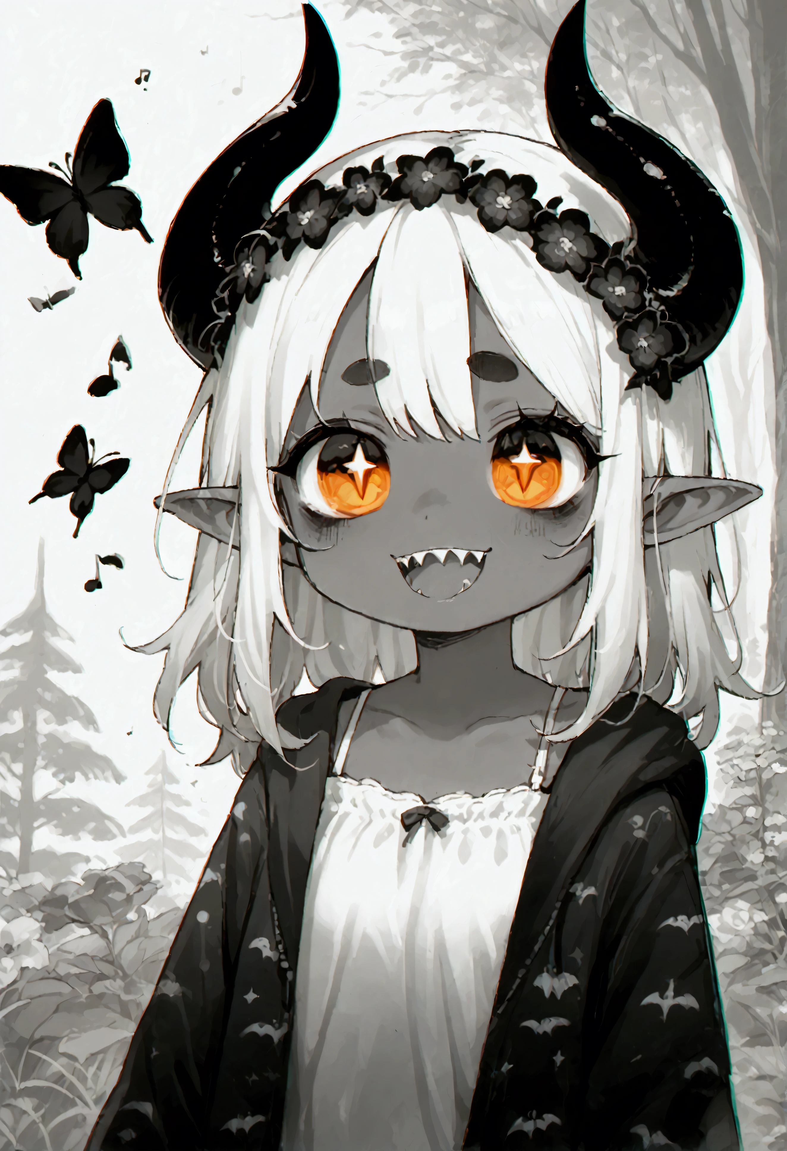 (chromatic aberration:1.8),high contrast,sharpness,(grayscale:1.6),hzk,score_9, score_8_up, score_7_up, score_6_up, score_5_up, score_4_up ,(solo:1.8),1girl\((monochrome flower crown),(devil:1.7),(chibi:0.8),cute,big eyes,(orange eyes:1.3),orange sclera,dark skin,(stars in eyes),cute camisole,horn,open mouth,sharp teeth\),(monochrome butterflies), (sound-notes),flowers,(f3nn3r:1.3),(trippy:1.6)