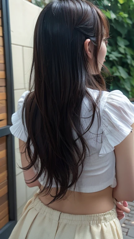 Japanese women、Back view、Highest quality、Flower Field、White shirt、Long Hair、Back of head focus、Strange pose