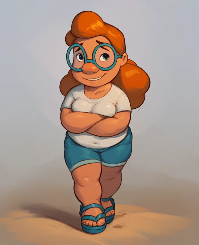 rating_explicit, Mertle_Edmonds, 1girl, little_, female_, curvy orange hair, long hair, round green glasses , light green t-shirt , blue shorts, sandals, on the beach, looking at viewer,  chubby, full body,  smiling, shy, score_9, score_8_up, score_7_up, score_6_up, score_5_up, score_4_up, 