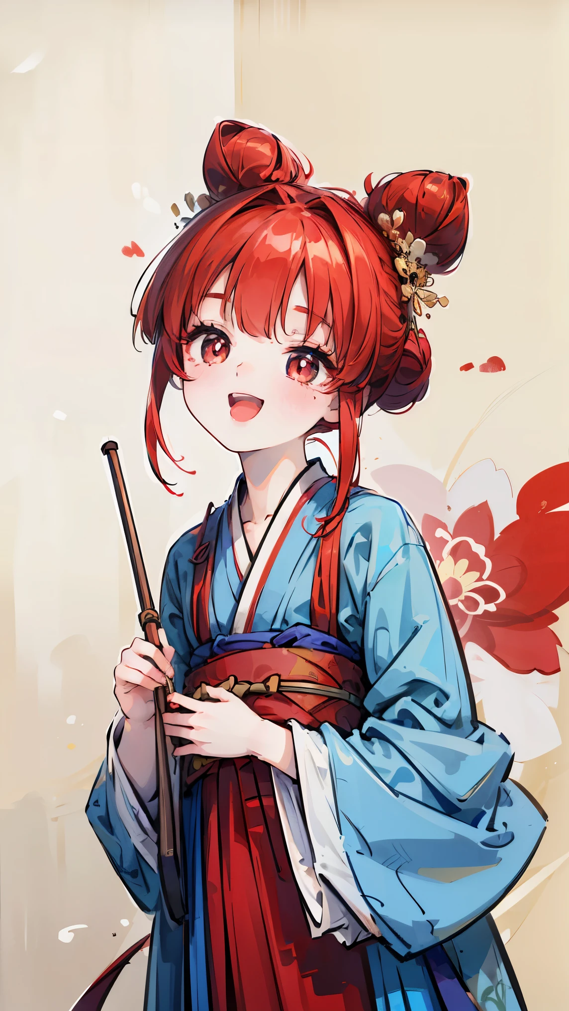 ((masterpiece)), accurate, textured skin, ((super detail)), high quality, high details, highres, best quality, Traditional Chinese clothing, Hanfu, floral costume, hairpin, red hair, hair bun, bright pupils, happy, laughing, Untied kimono, open chest