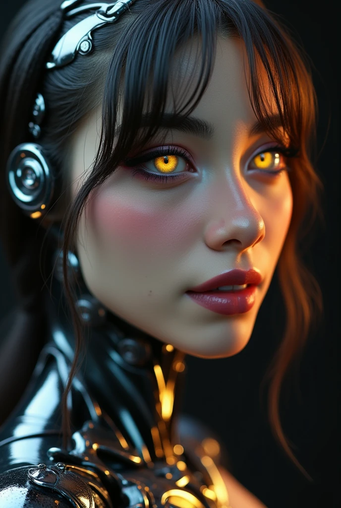 Alexami as a cyborg, she has seamless robotic parts joined to her body, close up portrait 