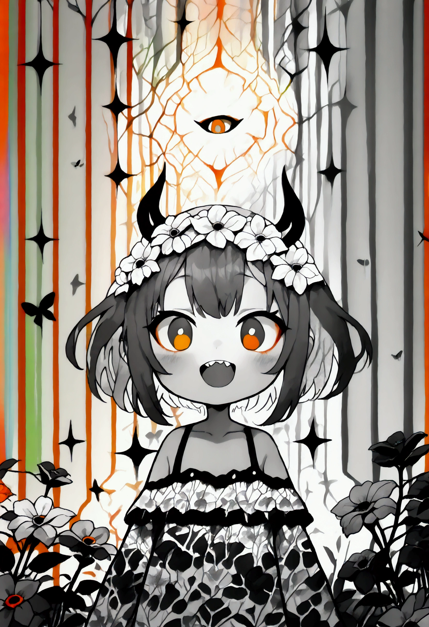 (chromatic aberration:1.8),(chromatic aberration:1.8),high contrast,sharpness,(grayscale:1.6),(solo:1.8),1girl\(black hair,(monochrome flower crown:1.4),(devil:1.3),(chibi),cute,big eyes,gray skin,(orange eyes:1.3),(orange sclera:1.4),dark skin,(stars in eyes),(cute black camisole),horn,open mouth,sharp teeth\),(monochrome butterflies), (sound-notes),flowers,(f3nn3r:1.3),(trippy:1.6), BREAK ,quality\(8k,wallpaper of extremely detailed CG unit, high resolution, top-quality, top-quality real texture skin, hyper realistic, increase the resolution, RAW photos, best quality, highly detailed, the wallpaper,golden ratio,high saturation realism, vibrant colors, dramatic lighting, persuasive storytelling, atmospheric scenery, captivating visuals, intricate details, strong emotions,dreamlike world\)