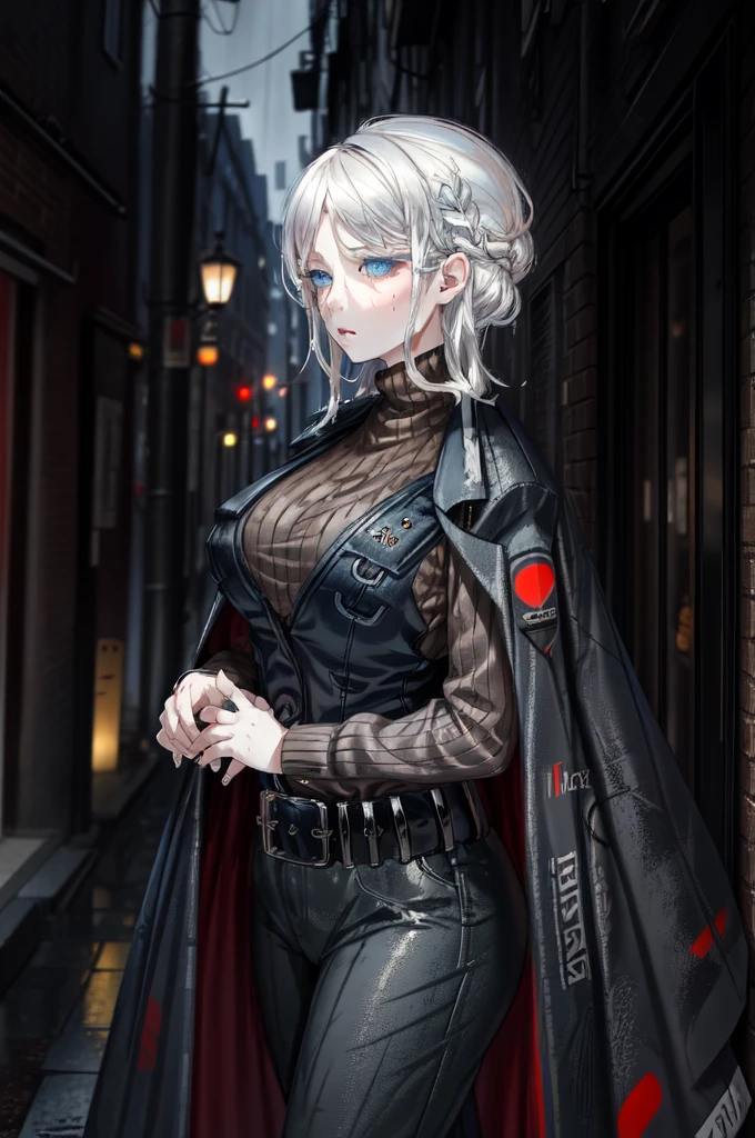 (masterpiece, best quality), illustration, faust_limbus, default_outfit, blue eyes, large breasts, 1girl, solo,  black coat, black vest, brown sweater, coat on shoulders, black belt, black pants, alleyway, cowboy shot, night, raining, wet, wet hair, wet clothes, bokeh