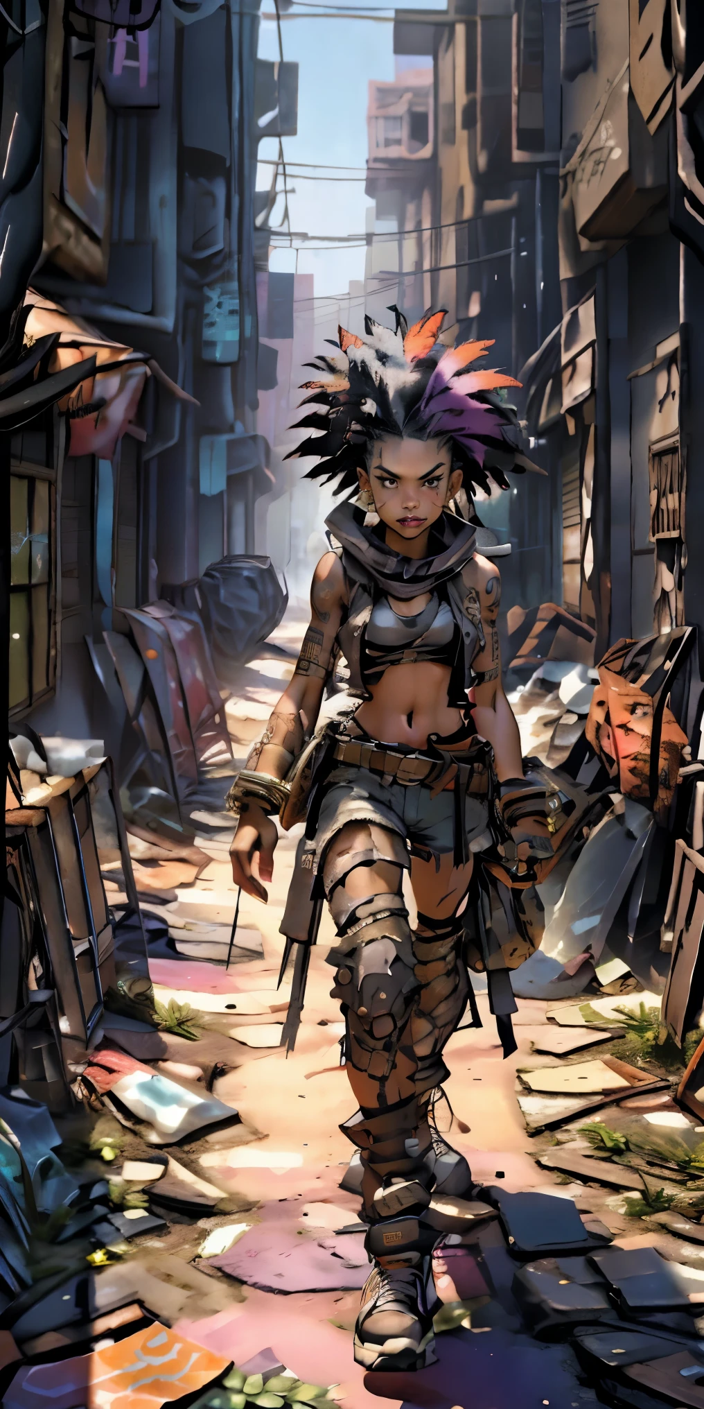 Beautiful mulatto girl, black and rainbow hair, makeup, apocalyptic girl, (1girl, dark skin, sex, apocalyptic fashion), walking, apocalyptic scene, black girl, breasts, dirty, ripped sneakers, afro curly hair , BBC, slender, rainbow eyes, tribal tattoos
