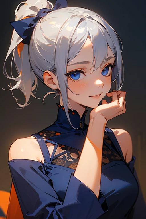 (masterpiece: 1.2, Highest quality), (Actual Photos, Intricate details), 1. woman, alone, Upper Body, casual, Shoulder-length hair, Minimal makeup, Natural materials, Face close-up, smile, Home, Gray Hair, blue eyes, Shoulder Bare、ponytail、Swimwear、Drinking bottled water、